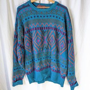 XL Comfy Bold 80's Knit Geo Sweater Chaps by Ralph Lauren 100% Cotton